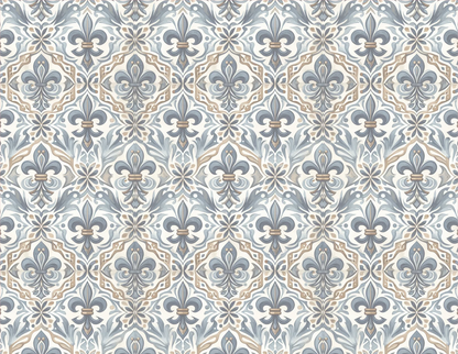 Patterned fabric with floral and geometric design in blue and beige.