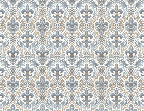 Patterned fabric with floral and geometric design in blue and beige.