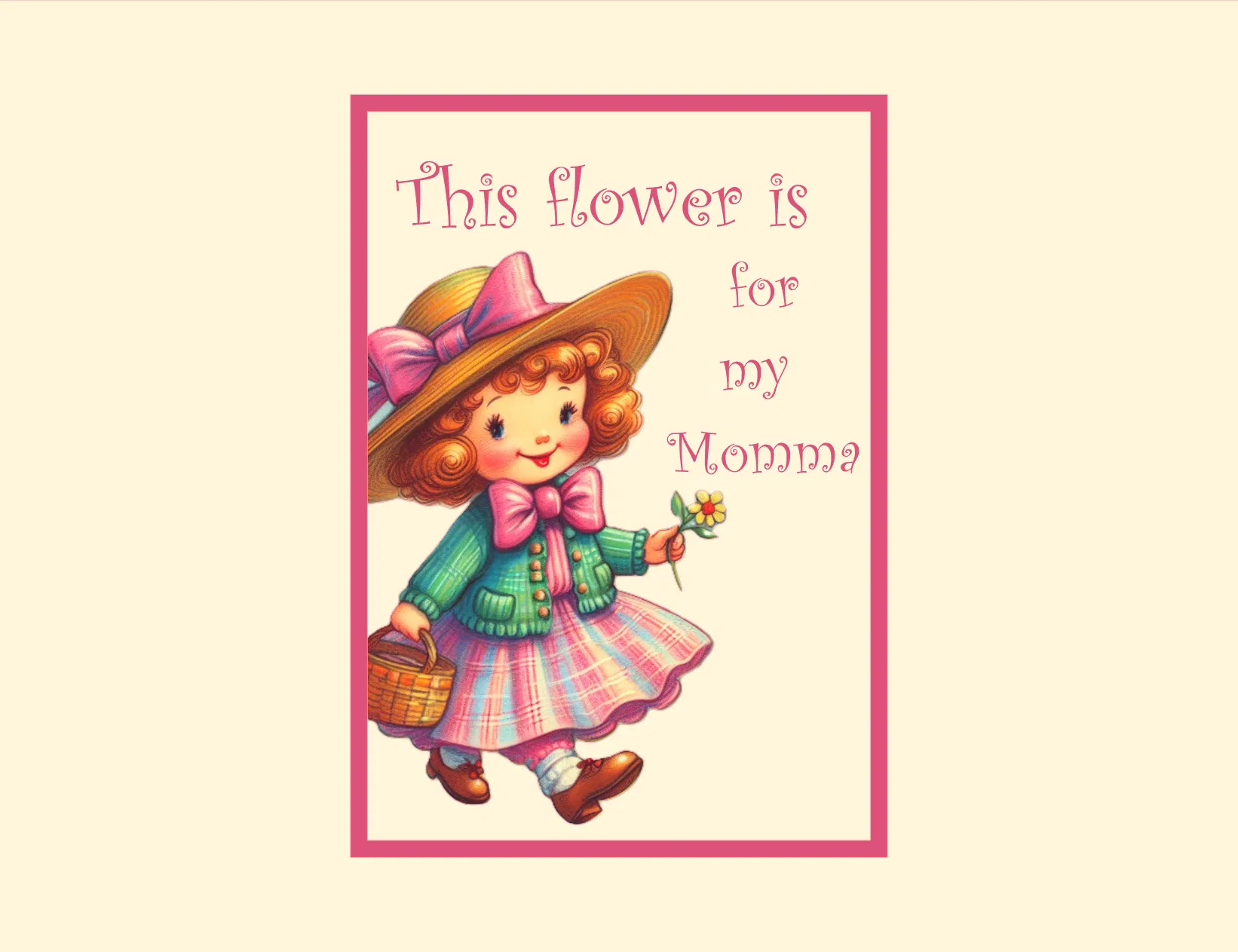 Vintage-style illustration of a girl holding a flower with text on a light pink background