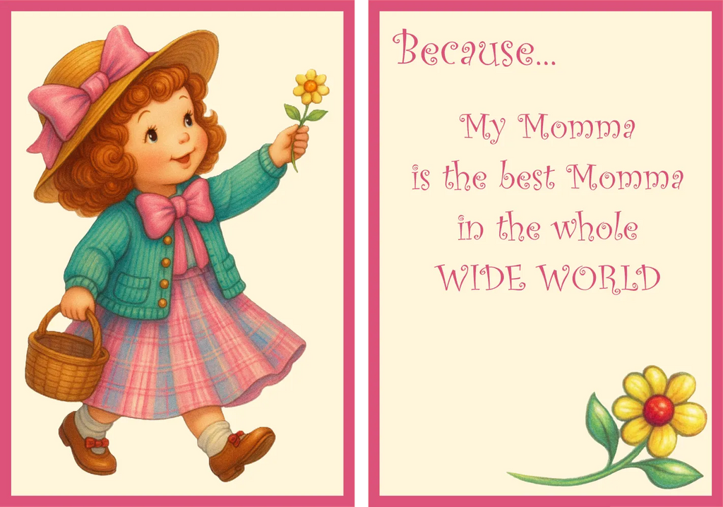 Illustration of a girl holding a flower with text about a 'best momma' on a pink border.