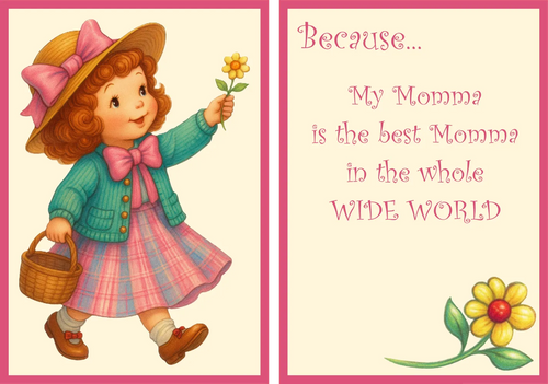 Illustration of a girl holding a flower with text about a 'best momma' on a pink border.