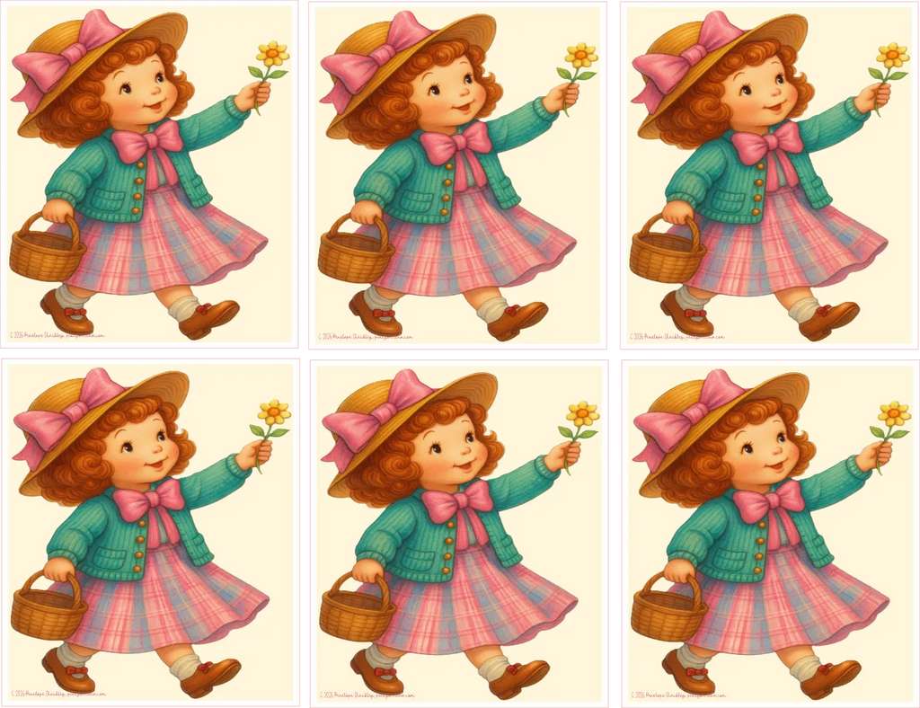 Six identical illustrations of a girl in a vintage style holding flowers and a basket.