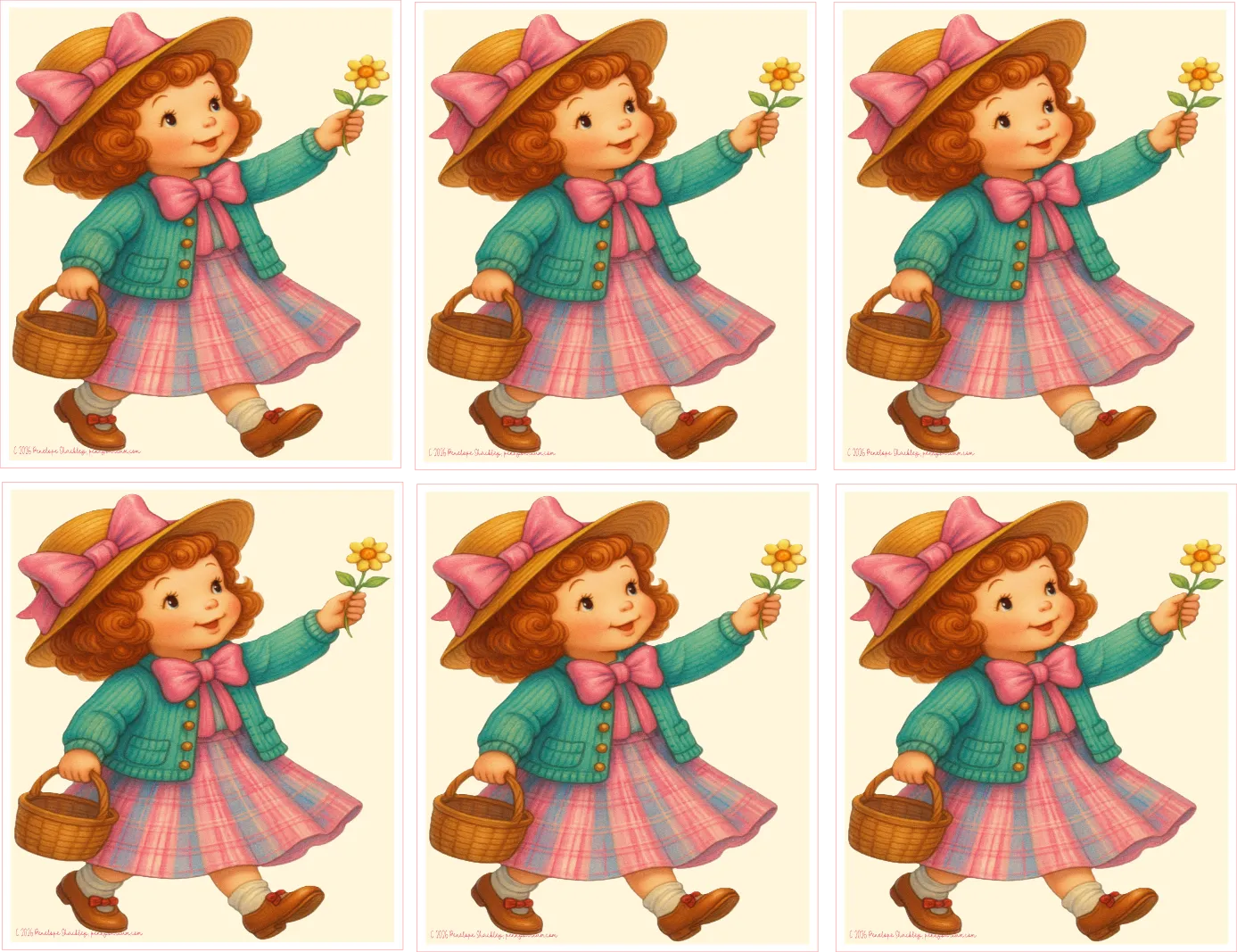 Six identical illustrations of a girl in a vintage style holding flowers and a basket.