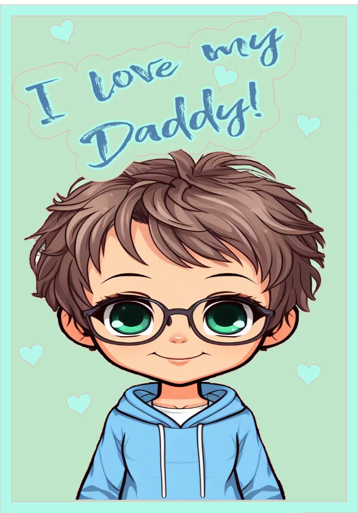 Cartoon boy with glasses and a blue hoodie on a light green background with 'I love my Daddy!' text.