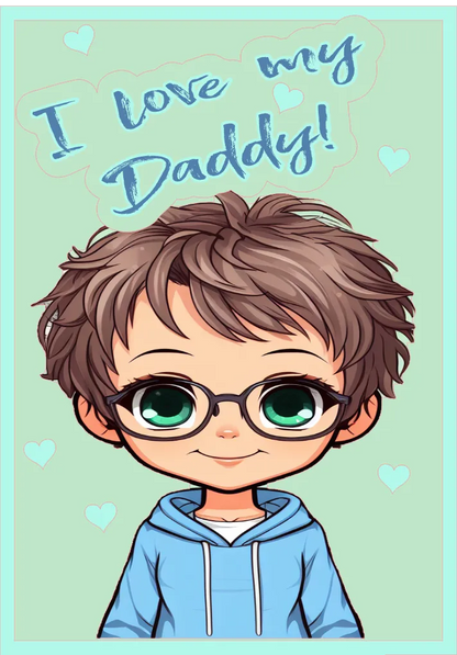 Cartoon boy with glasses and a blue hoodie on a light green background with 'I love my Daddy!' text.
