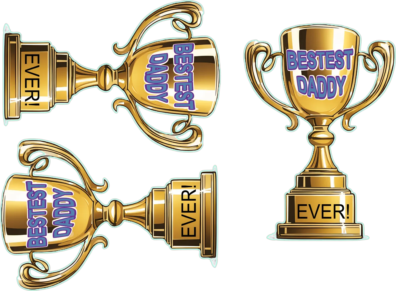 Gold trophies with 'Best Dad Ever' text on a white background