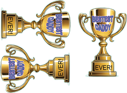 Gold trophies with 'Best Dad Ever' text on a white background