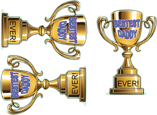 Gold trophies with 'Best Dad Ever' text on a white background