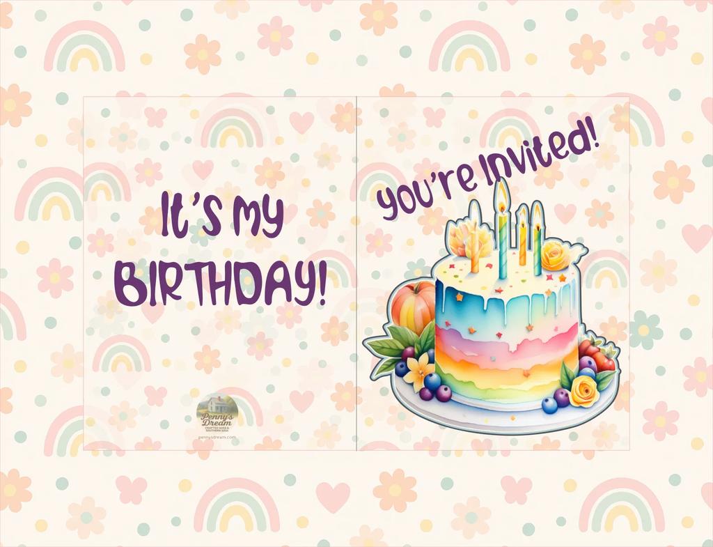 Birthday invitation card with rainbow cake and decorative elements on a patterned background
