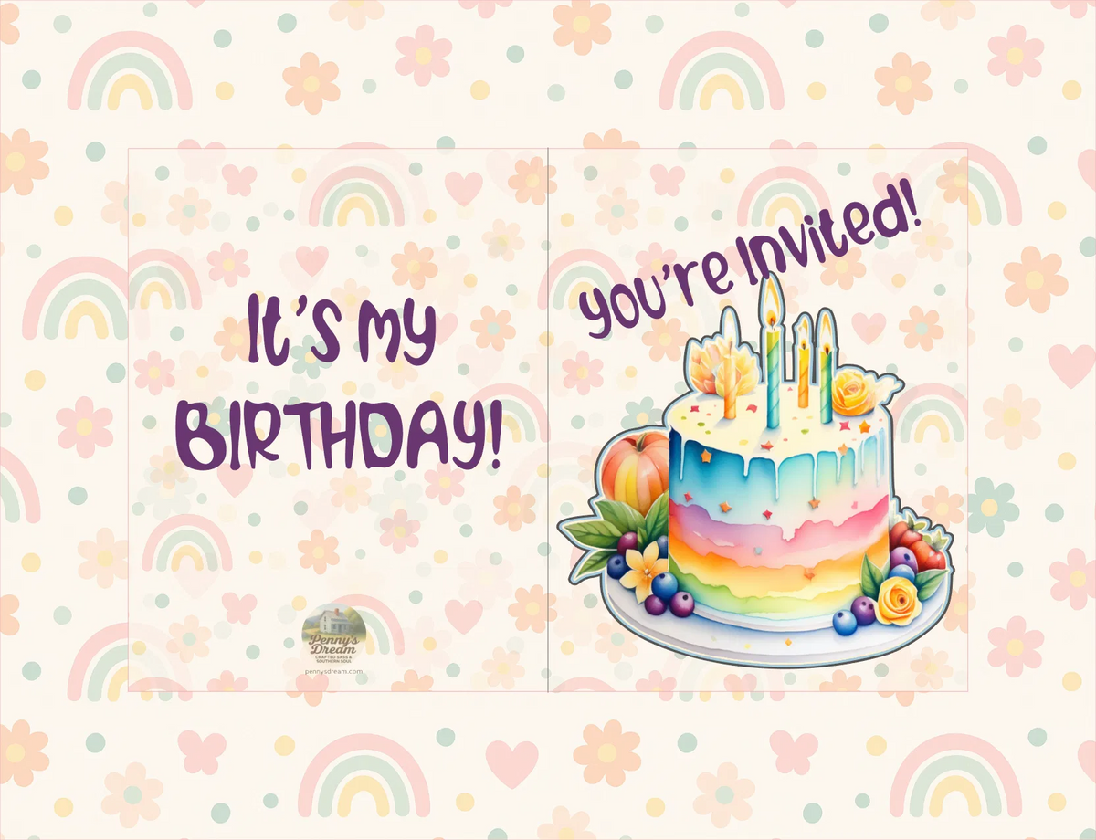 Birthday invitation card with rainbow cake and decorative elements on a patterned background