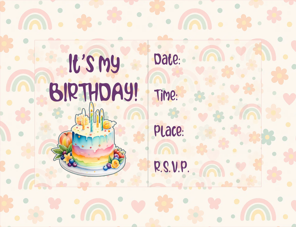 Birthday invitation card with rainbow cake design, pastel colors, and text fields.