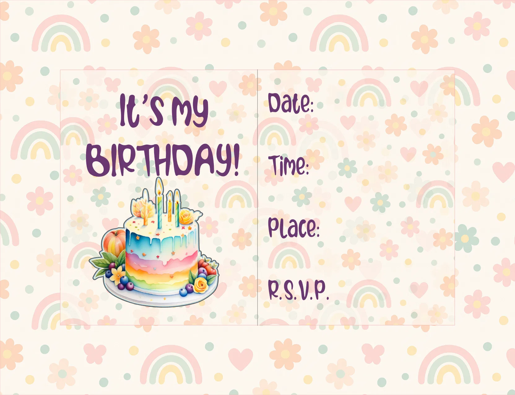 Birthday invitation card with rainbow cake design, pastel colors, and text fields.
