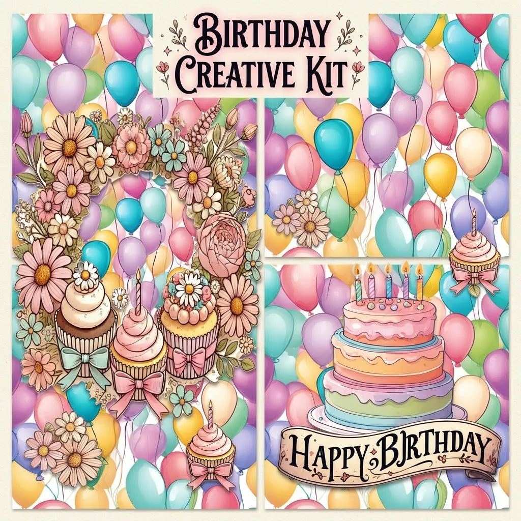 Birthday Creative Kit – 5x7 Card Base, Clipart, Frames, Pattern Paper – SVG and PNG Digital Download