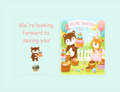 Children's birthday invitation with cartoon animals and text on a light blue background