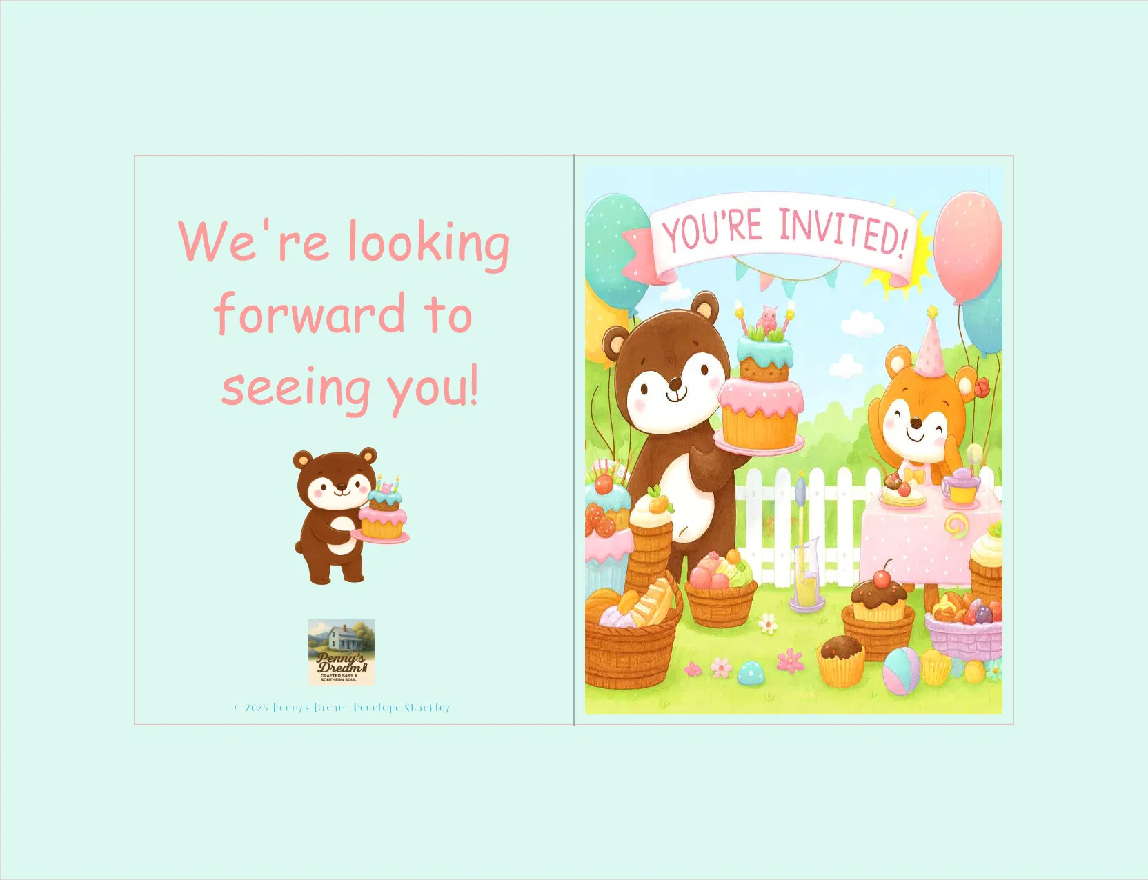 Children's birthday invitation with cartoon animals and text on a light blue background