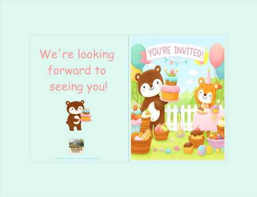 Children's birthday invitation with cartoon animals and text on a light blue background