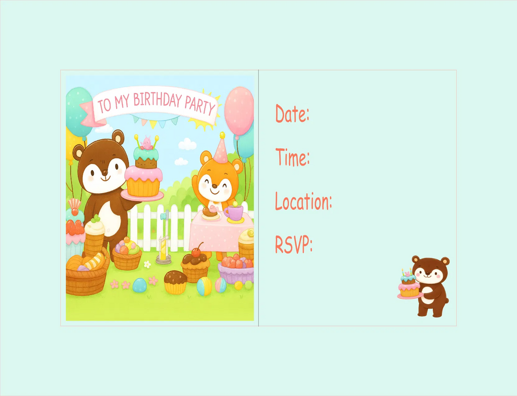 Birthday party invitation with cartoon animals and text fields on a light blue background
