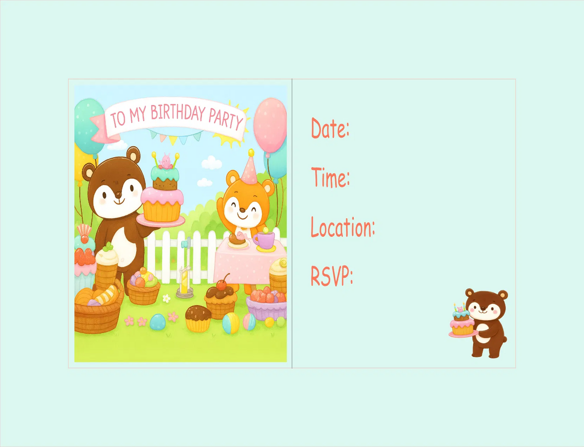 Birthday party invitation with cartoon animals and text fields on a light blue background