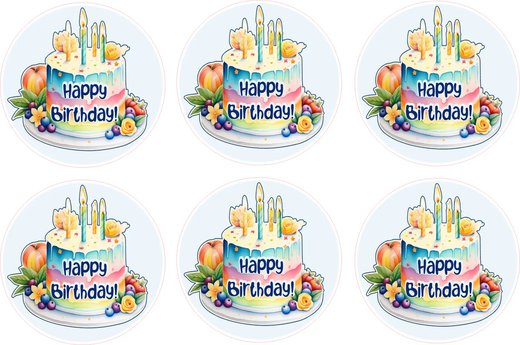 Set of six round stickers with birthday cake designs and 'Happy Birthday!' text.