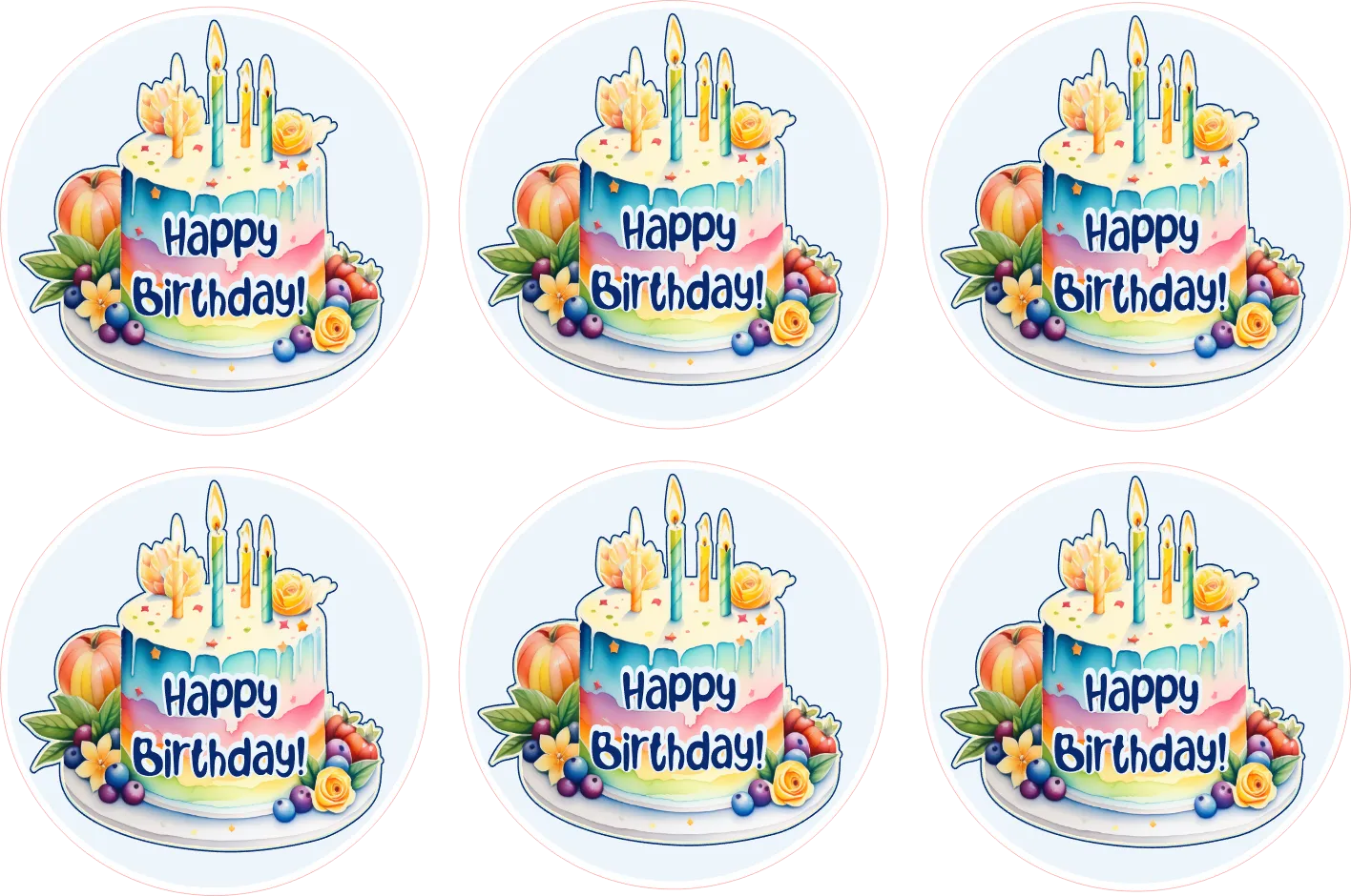 Set of six round stickers with birthday cake designs and 'Happy Birthday!' text.