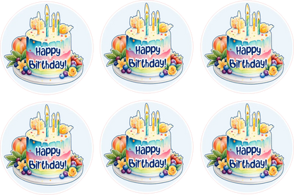 Set of six round stickers with birthday cake designs and 'Happy Birthday!' text.