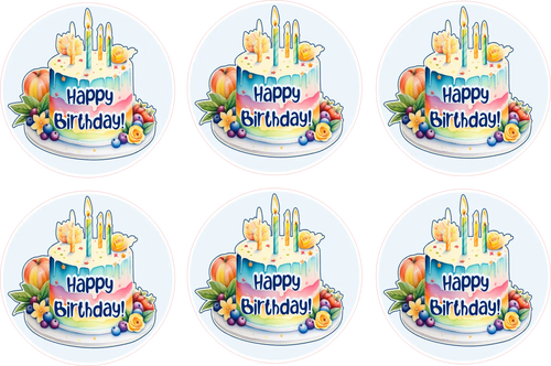 Set of six round stickers with birthday cake designs and 'Happy Birthday!' text.