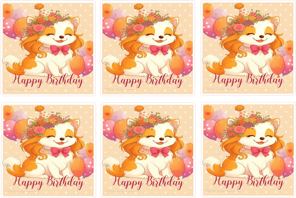 Set of six birthday cards with a cartoon fox character and floral decorations.