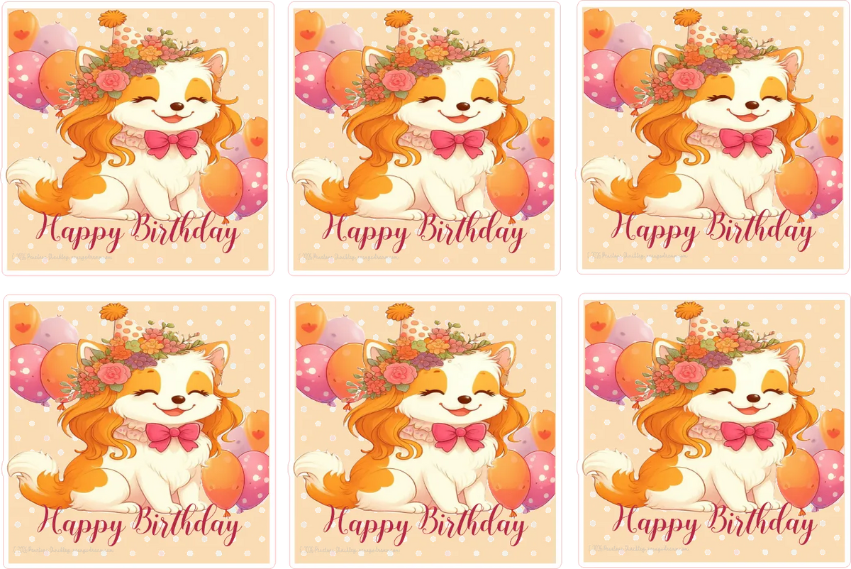 Set of six birthday cards with a cartoon fox character and floral decorations.