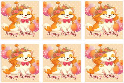 Set of six birthday cards with a cartoon fox character and floral decorations.