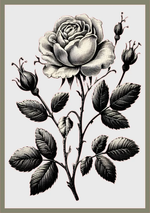 A vintage-style botanical illustration of a rose, featuring a large fully bloomed flower, several buds, and detailed leaves on a light background with a thin border.