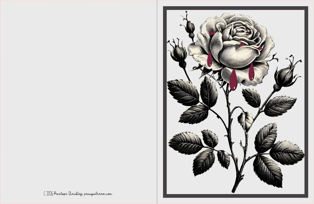 A square art print or card featuring a black-and-white botanical illustration of a rose with red teardrop accents, shown alongside a large blank light gray panel. A small artist signature/copyright text appears at the lower left.