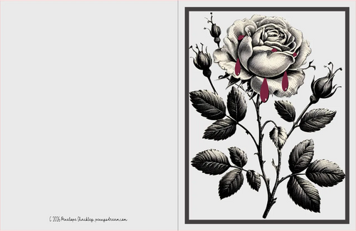 A square art print or card featuring a black-and-white botanical illustration of a rose with red teardrop accents, shown alongside a large blank light gray panel. A small artist signature/copyright text appears at the lower left.