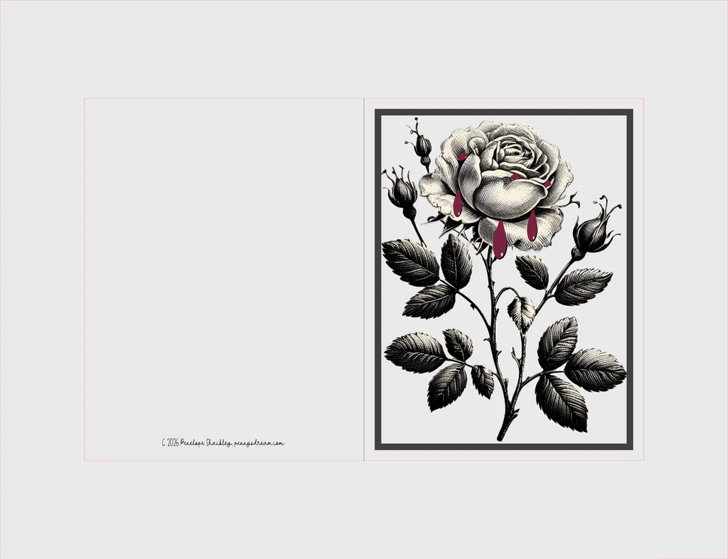 A botanical art print featuring a detailed black and white rose with small pink accents, presented on a light gray background with a thin pink border.