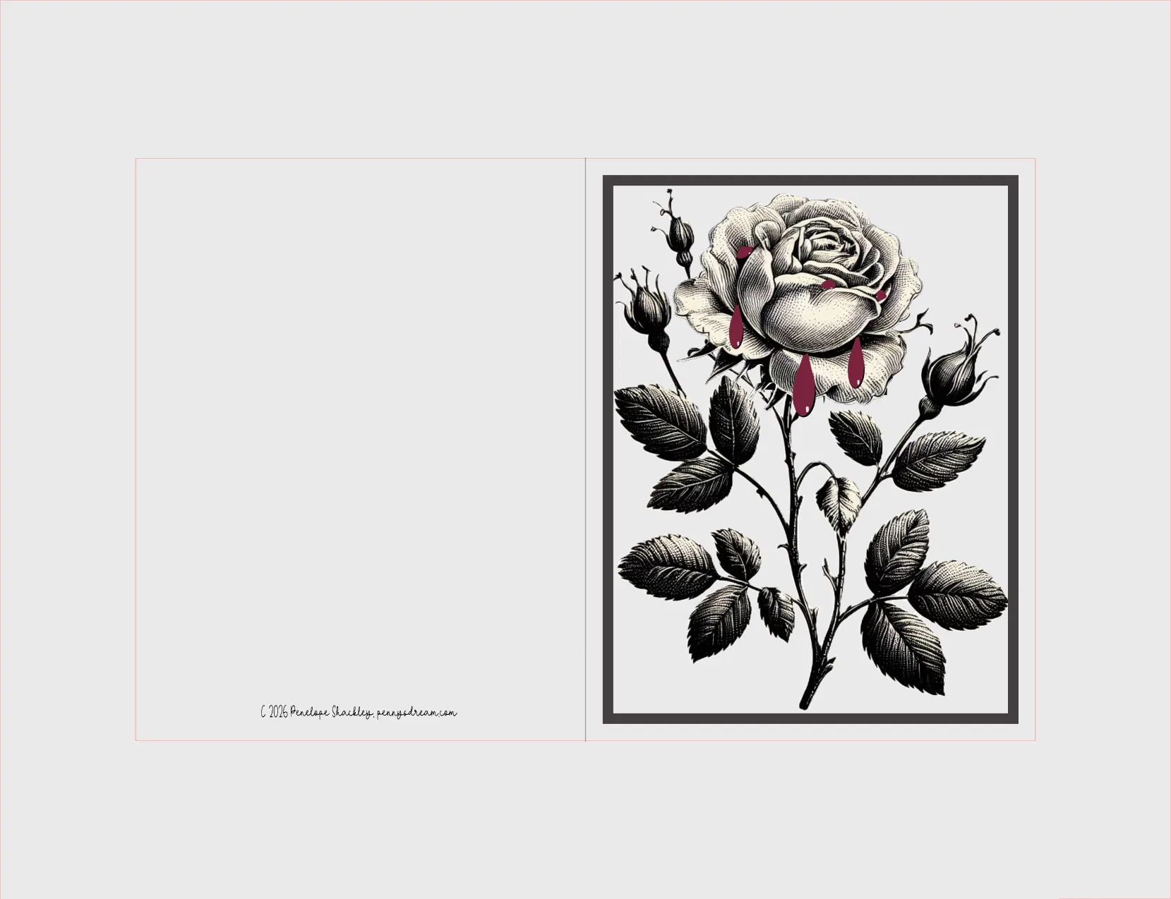 A botanical art print featuring a detailed black and white rose with small pink accents, presented on a light gray background with a thin pink border.