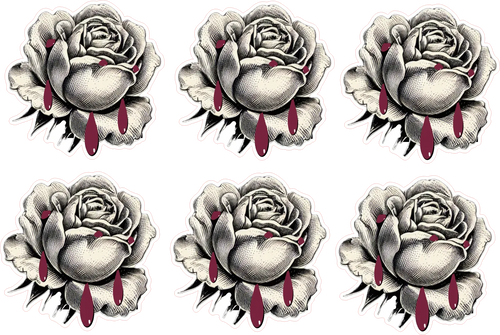 Six identical rose decals arranged in a 2x3 grid on a plain white background. Each rose is rendered in grayscale with dark red teardrop-shaped accents hanging from the petals.