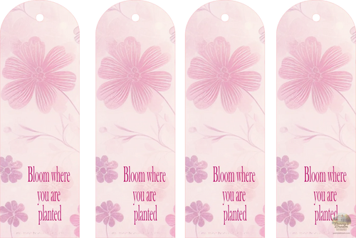Four identical pink floral gift tags or labels shown side by side on a white background. Each tag has a large pink flower illustration near the top, smaller matching flowers at the bottom, and the printed phrase 'Bloom where you are planted' in pink text.