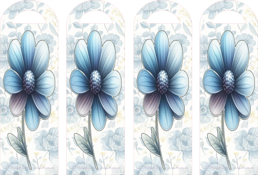 Four identical blue flowers with a light floral pattern in the background