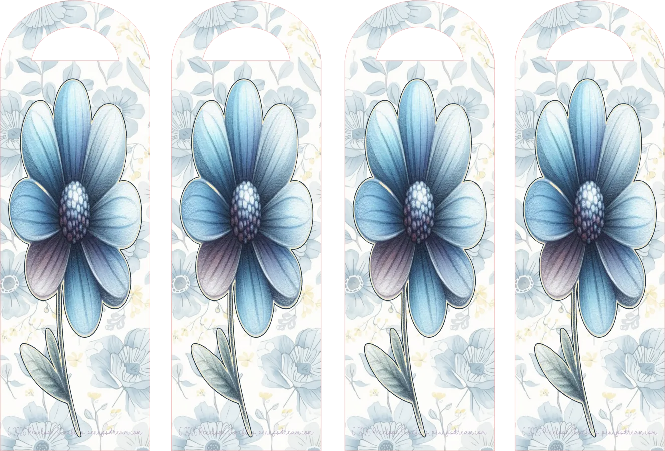 Four identical blue flowers with a light floral pattern in the background