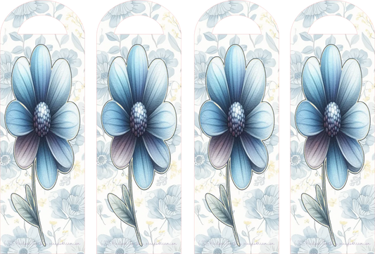 Four identical blue flowers with a light floral pattern in the background