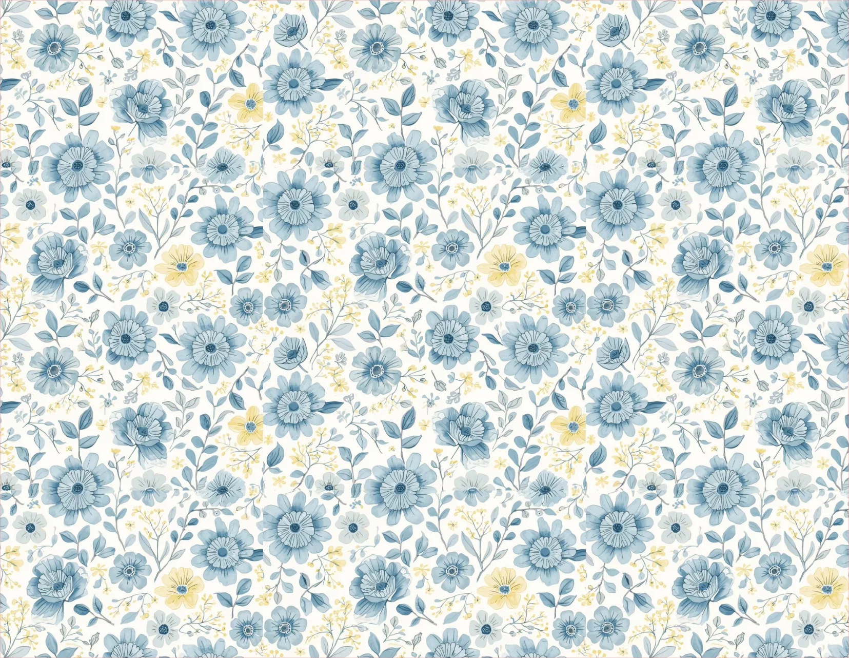 Pattern of blue flowers with yellow centers on a white background