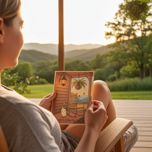 Person holding a postcard with a scenic view of a beach chair and palm tree, sitting outdoors with mountains in the background.