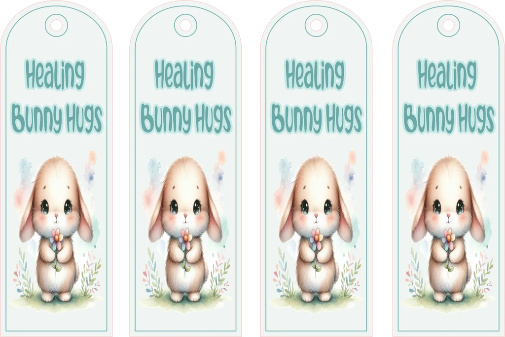 Four identical tags with a cartoon bunny and 'Healing Bunny Hugs' text on a white background.