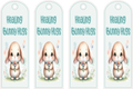 Four identical tags with a cartoon bunny and 'Healing Bunny Hugs' text on a white background.