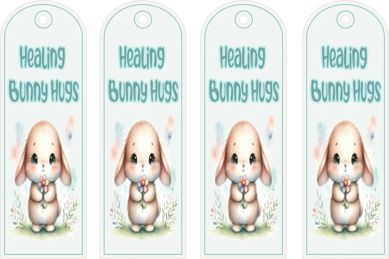Four identical tags with a cartoon bunny and 'Healing Bunny Hugs' text on a white background.