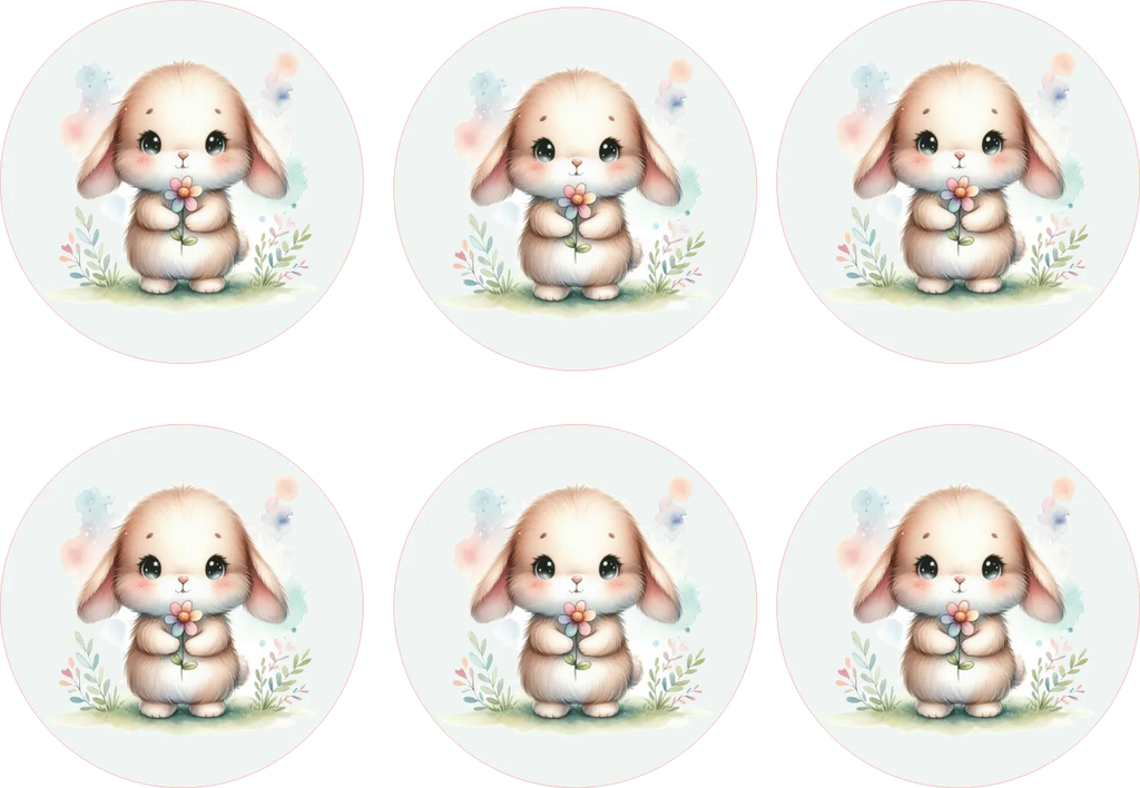Six identical oval stickers or decals arranged in two rows on a white background, each featuring a cute watercolor-style bunny holding a small flower.