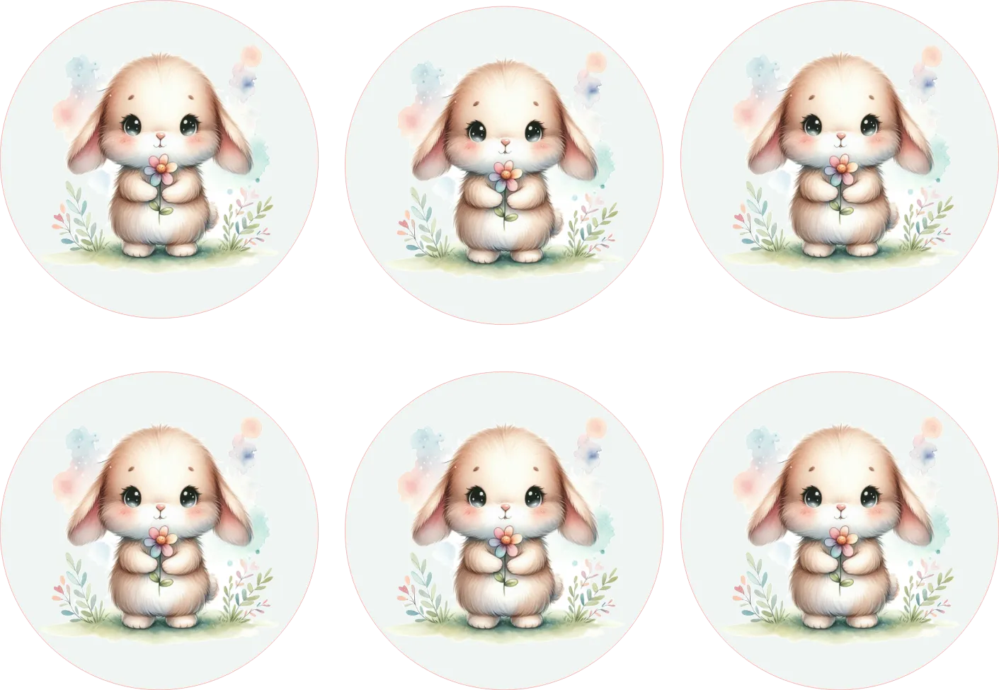 Six identical oval stickers or decals arranged in two rows on a white background, each featuring a cute watercolor-style bunny holding a small flower.