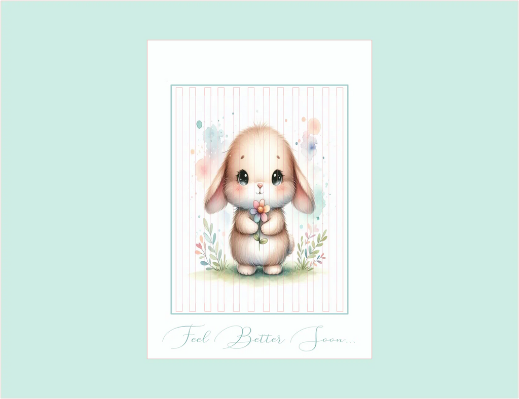 Card with a cute bunny holding flowers on a light blue background