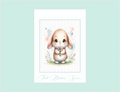 Card with a cute bunny holding flowers on a light blue background