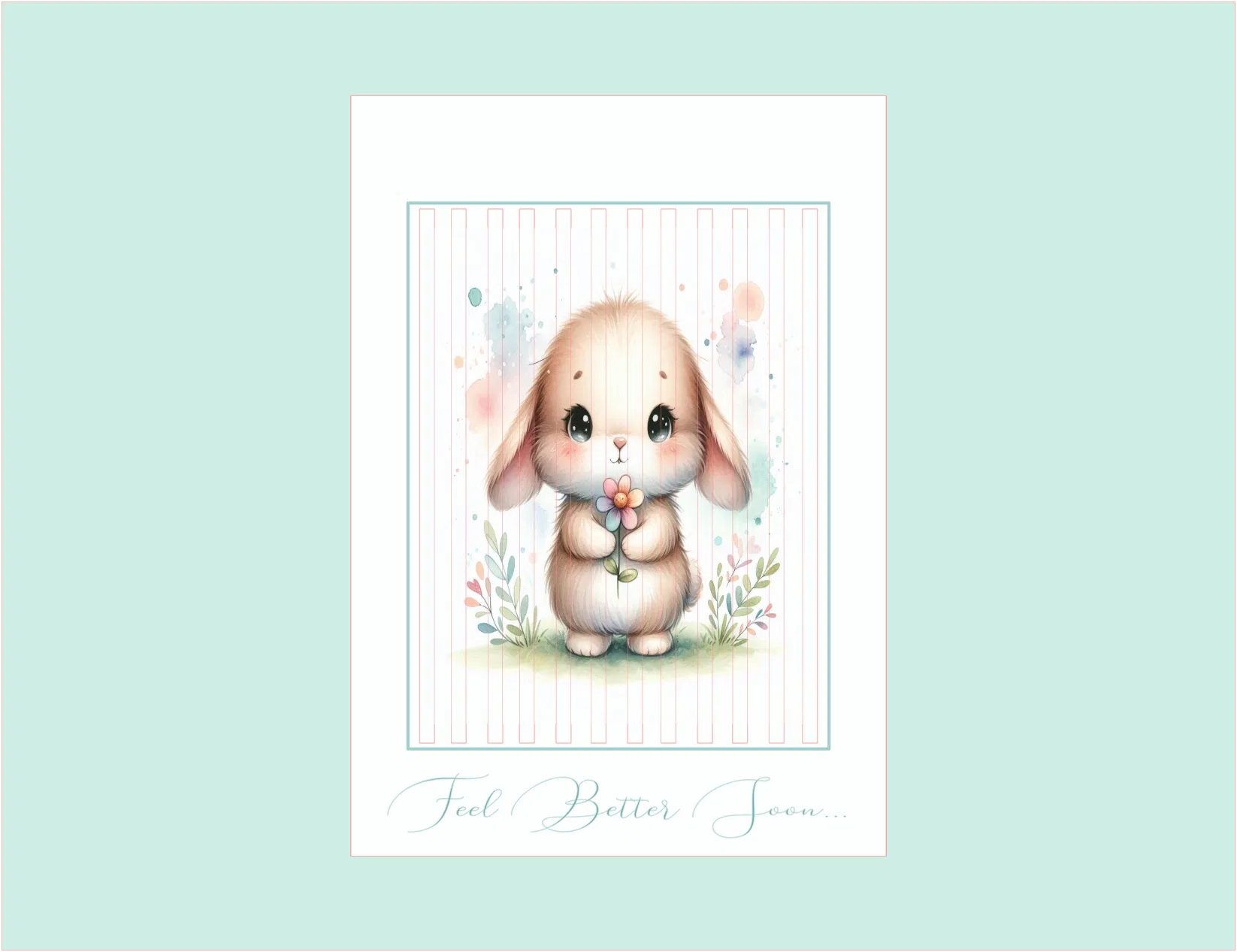Card with a cute bunny holding flowers on a light blue background