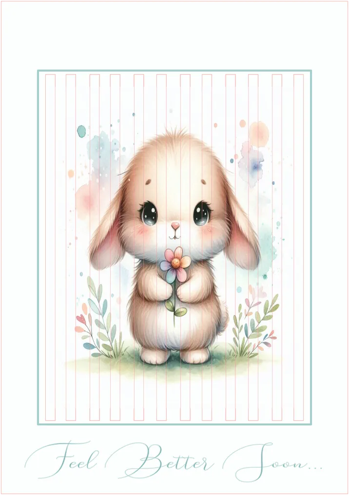 Cartoon bunny with flowers on a lined background with 'Feel Better Soon' text